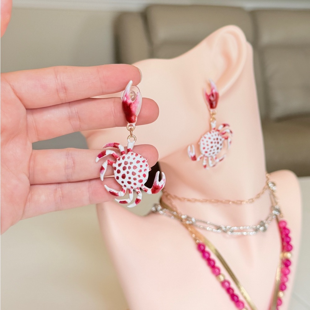 Red and White Crab Dangle Earrings - Women Jewelry - Picture 7 of 12